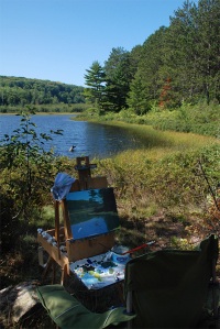 My typical set-up, with a chair and my French Easel. Nice view from my office, don't you think?